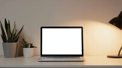 Fototapeta premium Workspace Productivity: A modern desk setup, featuring a sleek laptop with a blank screen, desk lamp casting a warm glow, and potted plants adding a touch of nature.