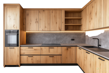 Modern wooden kitchen design with sleek finishes and ambient lighting features