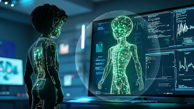 Futuristic child observing holographic alien anatomy on a digital screen in a high-tech lab