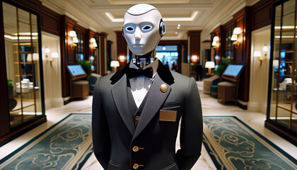 A futuristic robot concierge in a luxurious hotel lobby that blends advanced technology with classic hospitality.
