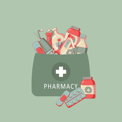Pharmacy home delivery service. Paper bag with drugs, drugs, pills and bottles inside. Medicine and health banner. Pharmacy flat illustration. Vector illustration.