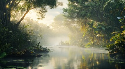 Photorealistic forest with soft morning mist, peaceful and calm, high-resolution and artistic nature photography