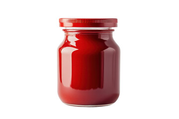 a jar of red sauce on a white background