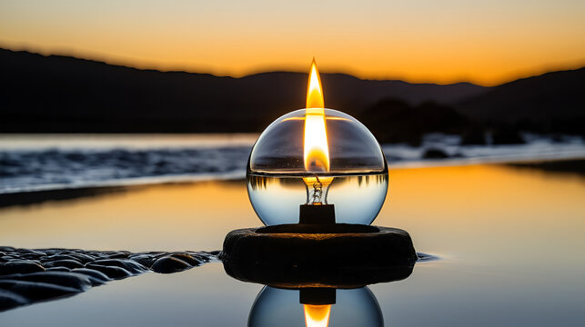Bombilla con el reflejo de una vela encendida en la oscuridad