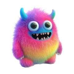 Naklejka premium A colorful furry monster character stands cheerful in a bright and playful manner, colorful furry and cute monster, 3D render character cartoon style Isolated on transparent background