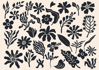 Big Set Of Flower And Leaves Silhouettes. Hand Drawn Black Floral Design Elements, Shapes, Icons. Wild And Garden Flowers, Leaves Vector Set Outline. Group Flowers Silhouette. Vector Illustration.