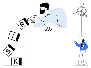 Person tipping over risk blocks while another holds clipboard near wind turbine. Ideal for business strategy, risk management, sustainability, decision-making, leadership, energy, innovation. Flat