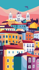 Colorful Lisbon Cityscape Poster with Abstract Landmark Shapes and Skyline