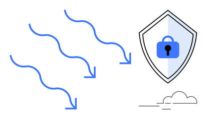 Blue arrows approaching a shield with a lock icon. Ideal for cybersecurity, data protection, threat prevention, online security, cloud storage, digital defense, network safety. Abstract line flat