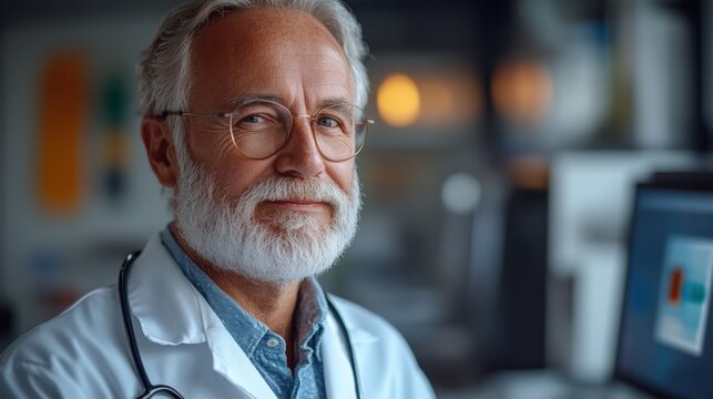 Senior doctor with glasses smiling in a modern clinic, surrounded by medical charts and technology