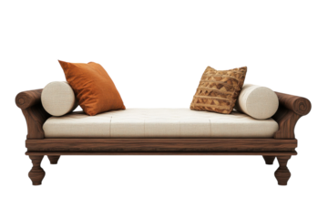 Elegant wooden daybed with plush cushions in neutral tones and warm accents suitable for interior decor