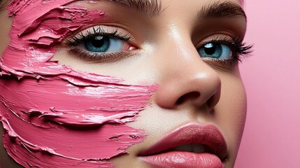 Woman with pink mask covering half her face, close-up showing eyes, nose, and lips