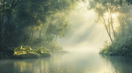 Fototapeta premium Photorealistic forest with soft morning mist, peaceful and calm, high-resolution and artistic nature photography