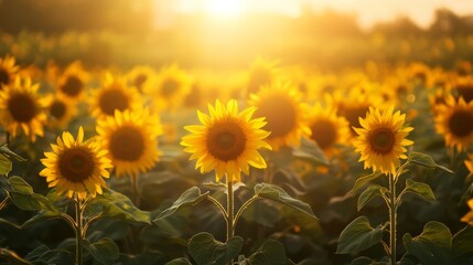 Obraz premium A field of sunflowers with a bright yellow sun in the background. The sunflowers are all facing the sun, creating a sense of warmth and happiness