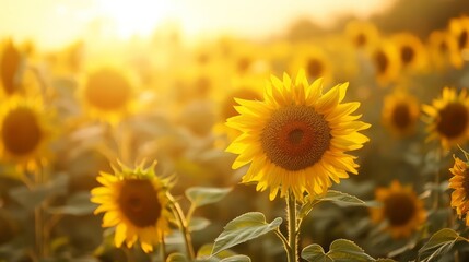 Obraz premium A field of sunflowers with a single sunflower in the foreground. The sunflower is the center of attention and the rest of the flowers are in the background