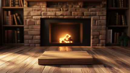 Wooden Podium with Light Oak Finish in a Cozy Interior Setting – Fireplace, Bookshelves, and Warm Ambient Lighting Creating an Inviting Atmosphere for Home Decor or Lifestyle Products