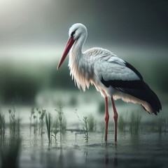 Fototapeta premium White Stork in Morning Mist