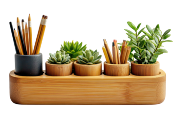 Modern desk organizer displaying plants and stationery items in an office setting