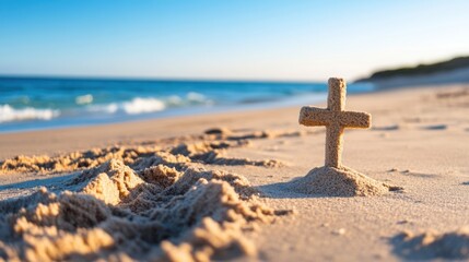 Fototapeta premium Empty beach at dawn, cross made of sand, space for text . 