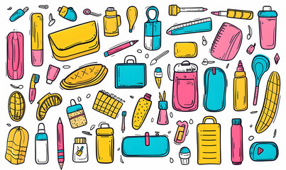 Colorful Doodles of School Supplies and Stationery Items