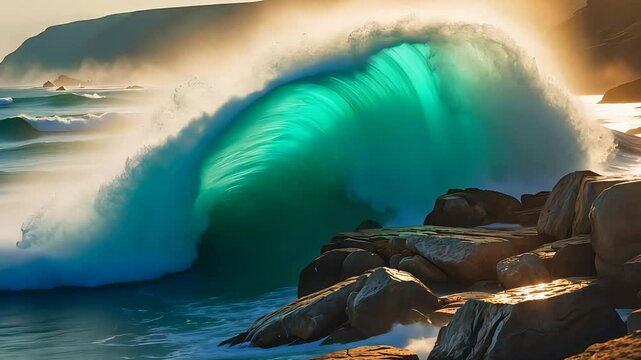 Towering ocean wave crashing against rocky cliffs with golden sunlight illuminating the water
