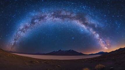 Fototapeta premium Night sky full of stars. Milky way over mountains and desert landscape. Dark ground below glowing galaxy. Bright starlight across vast view. Space above earth.