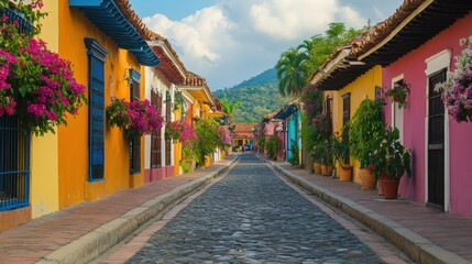 Fototapeta premium Colorful Town Street. Bright Buildings line Cobblestone Road. Plants grow beside Houses. Mountain view at the end.