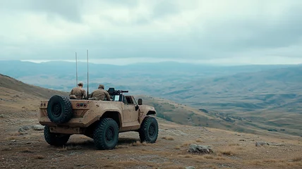 Military vehicle with soldiers positioned on rugged terrain overlooking a vast mountainous landscape. Concept of defense, surveillance, and strategic operations.