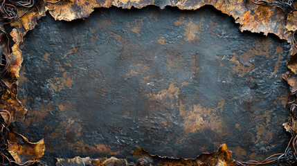 Burnt metallic background with torn edges and exposed copper wires, featuring a dark textured surface with rust and oxidation