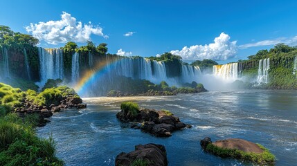 Fototapeta premium Waterfall landscape. Water flowing down. Green trees around. Blue sky above. Rainbow in the air. Rocks in the river. Beautiful natural scene.