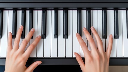 Hands on piano keys, open music notebook, background with space for text . 
