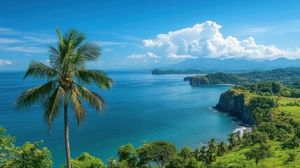 Obraz premium Palm tree stands near blue sea. Green hills meet the ocean water. White clouds float in blue sky. Beautiful tropical view.