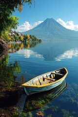 Obraz premium Lake view with mountain. Small boat floating on water with reflection. Green trees on shore. Calm scene.