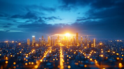 Obraz premium Illuminated cityscape with buildings at dusk under a cloudy sky