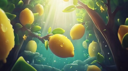 Lush lemon grove, sunlight streams, vibrant fruit, game asset