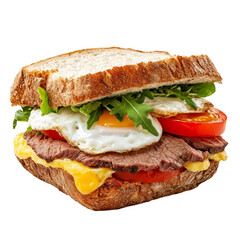 Delicious beef and egg sandwich with fresh vegetables on toasted bread against a clean transparent background, sandwich of beef and eggs isolated on transparent background