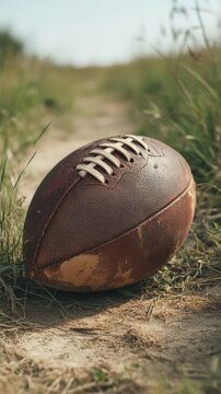 Ballon de rugby sur un chemin en terre