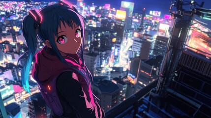 Obraz premium Cyberpunk Anime Girl overlooking a vibrant metropolis at night