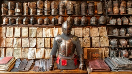 Medieval Armor Display, Italian Shop, Antique Helmets