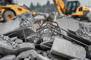 Construction site debris with exposed rebar from demolished concrete structures in a busy urban area