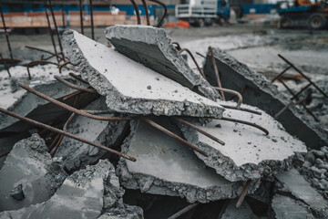 Construction site features a pile of concrete slabs and rebar at an urban development project during the daytime