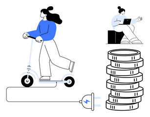 Woman riding electric scooter connected to plug, symbolizing sustainable transport. Coin stack and laptop highlight remote work, cost efficiency, and eco-friendly lifestyle. Ideal for sustainability