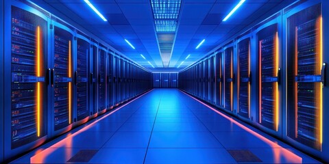 Modern data center showcasing advanced server technology with vibrant blue lighting