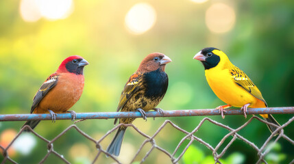 Fototapeta premium Vibrant colorful birds perched on wire fence in lush greenery background