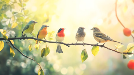 Vibrant birds perched on branch in sunlit forest