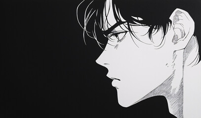  Minimalist black and white illustration in manga style of an envious person, expressive black and white art, emotional portrait