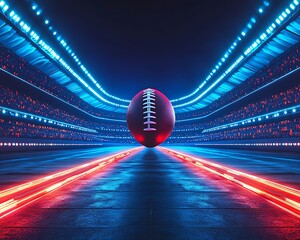 A futuristic football stadium with a glowing football centerpiece