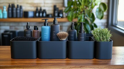 Men's grooming products in sleek black containers