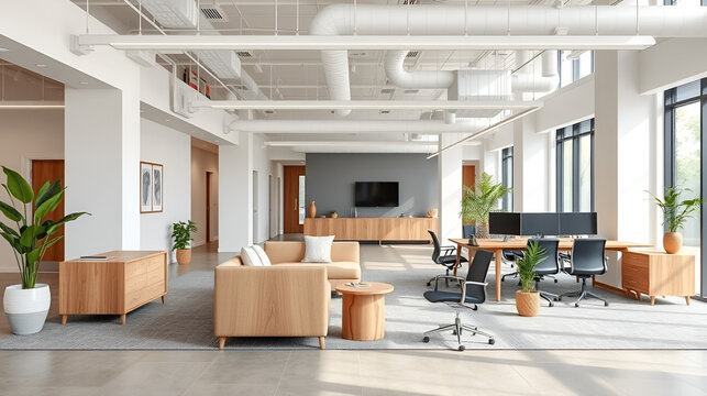 Modern open-concept office space features eco-friendly, certifiably sustainable furniture pieces with natural wood