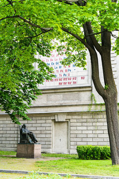 Monument to the chemist Mendeleyev. The periodic table of chemical elements 